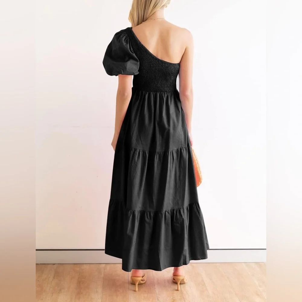 NWT One Shoulder Puff Sleeve Smocked Boho Midi Dress Size Large - Picture 3 of 6